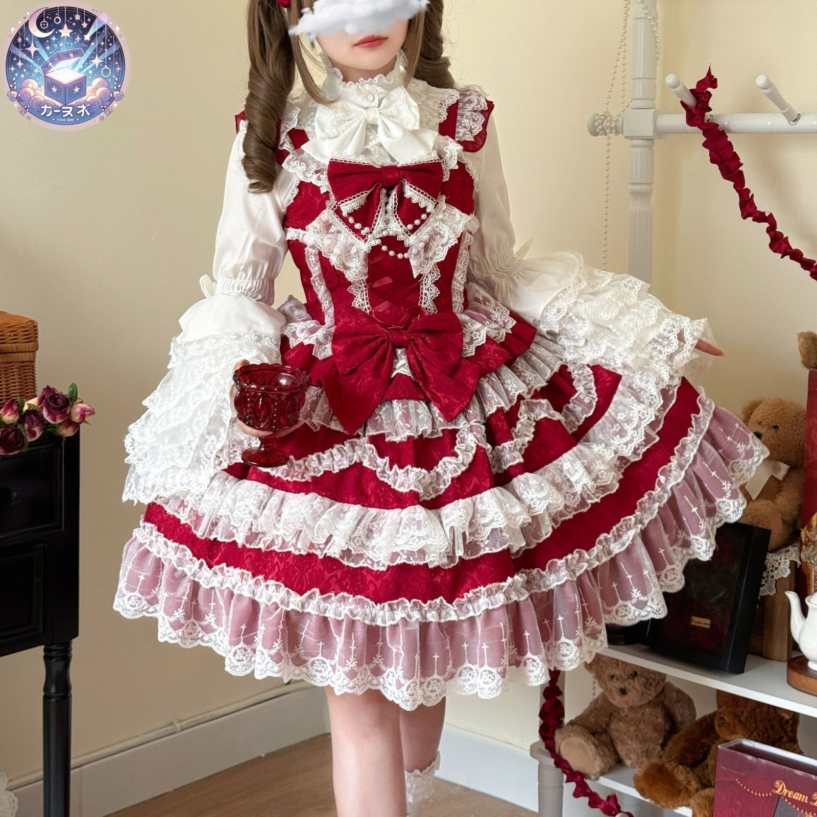 星 恋とときめき オリジナルデザイン lolita 豪華 ロリータ jsk 洋装 花嫁スタイル ジャンパースカート5色展開 ピンク ブラック ブルー アイボリー レッド