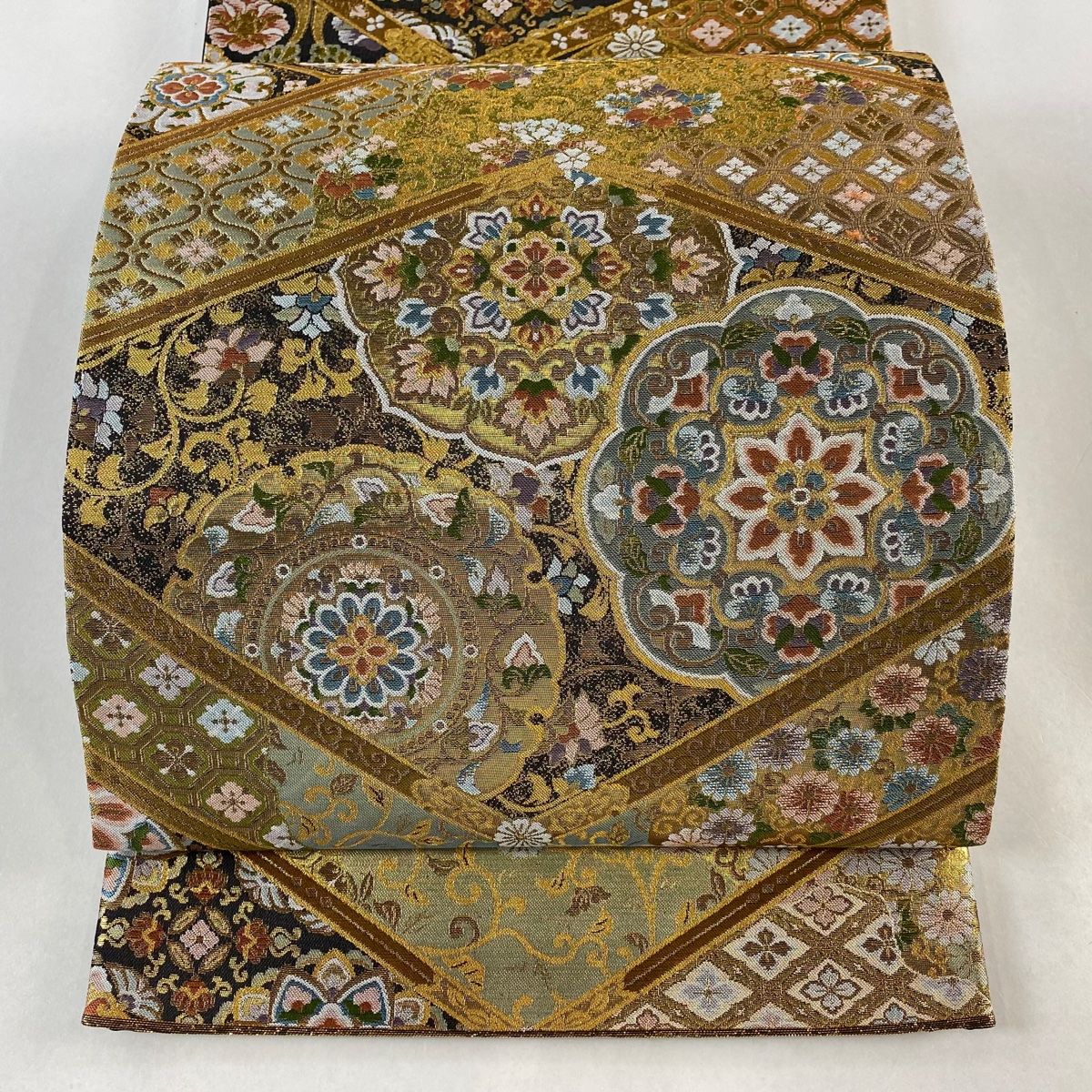 袋帯 美品 秀品 紬地 幾何学 茶色 六通 正絹 【中古】 袋帯 秀