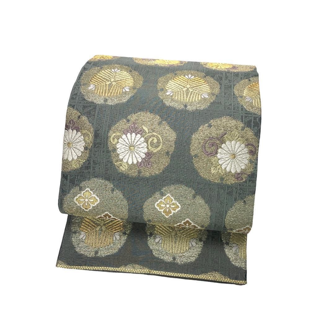 袋帯 雪輪 菊 松 花菱 刺繍 金糸 鈍色 O-5010 - メルカリ 袋帯 雪輪 菊 松 花菱 刺繍 金糸 鈍色 O-5010 - メルカリ