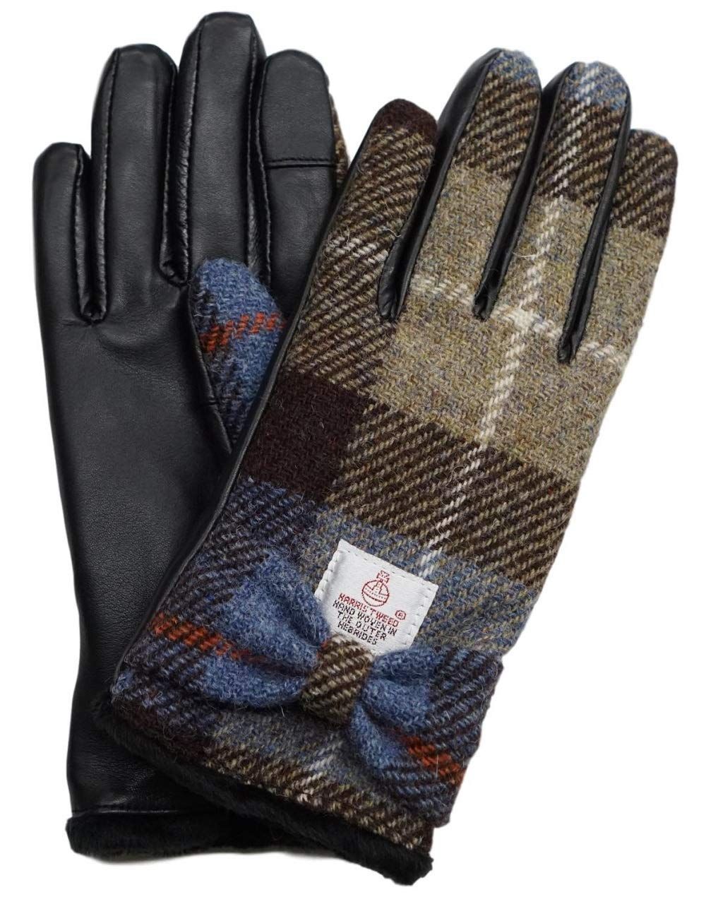 Color リボンタイプ ブラウンチェック _Size S-M スリーピング シープ ハリスツイード Harris Tweed レディース レザー コンビ スマホ対応 革 手袋 裏ボア ケース付 S-M リボンタイプ ブラウンチ
