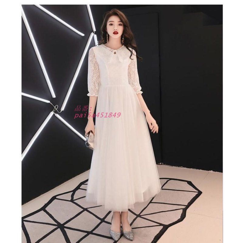 ウエディングドレス Aラインワンピ 袖あり パーティードレス ミモレドレス 20代 卒業式 お呼ばれ 30代40代 披露宴 成人式 二次会 謝恩会 pai5a451849