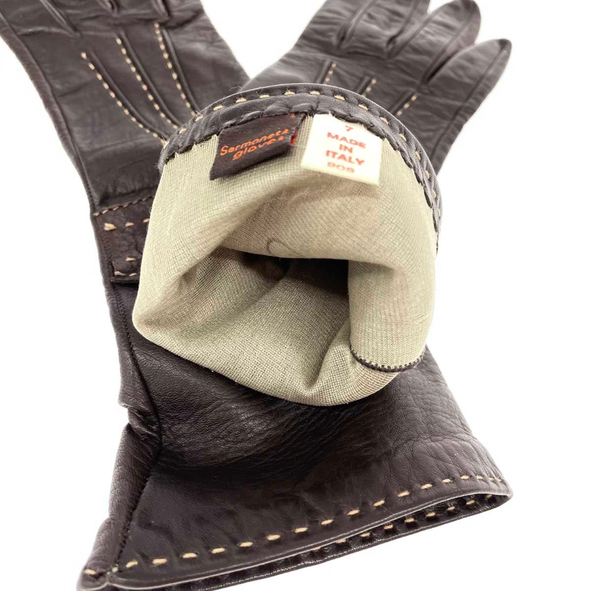 良好 SERMONETA セルモネータ 7 手袋 ブラウン ロング レザー×シルク