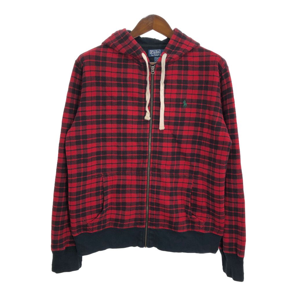 Polo by Ralph Lauren ポロ ラルフローレン フルジップ スウェット パーカー チェック レッド (メンズ L) 中古 古着 R2724