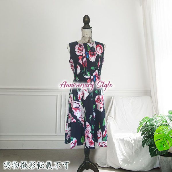 メルカリshops ワンピース 薔薇柄 花柄 2l 寄り L 黒 ノースリーブ 膝丈