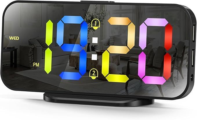 デジタル目覚まし時計、EDUP LOVE LEDデジタル時計、2つのUSB充電ポート、スヌーズモード、明るさの調整、キッチン寝室のリビングルームオフィス用のモダンな卓上時計- 彩色（作業には電源接