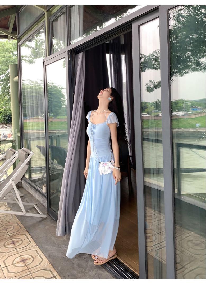 春のスクエアネックスカートモテ服ロングワンピ上品セクシー高見えアイテム