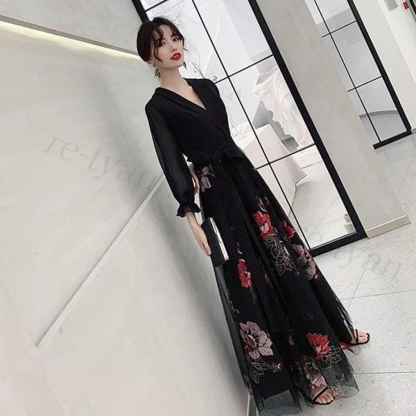 パーティードレス 結婚式 パーティードレス イブニングドレス ロングドレス 20代30代40代 袖あり お呼ばれ 着痩せ 花嫁 発表会 卒業会 二次会 フォーマル 花柄