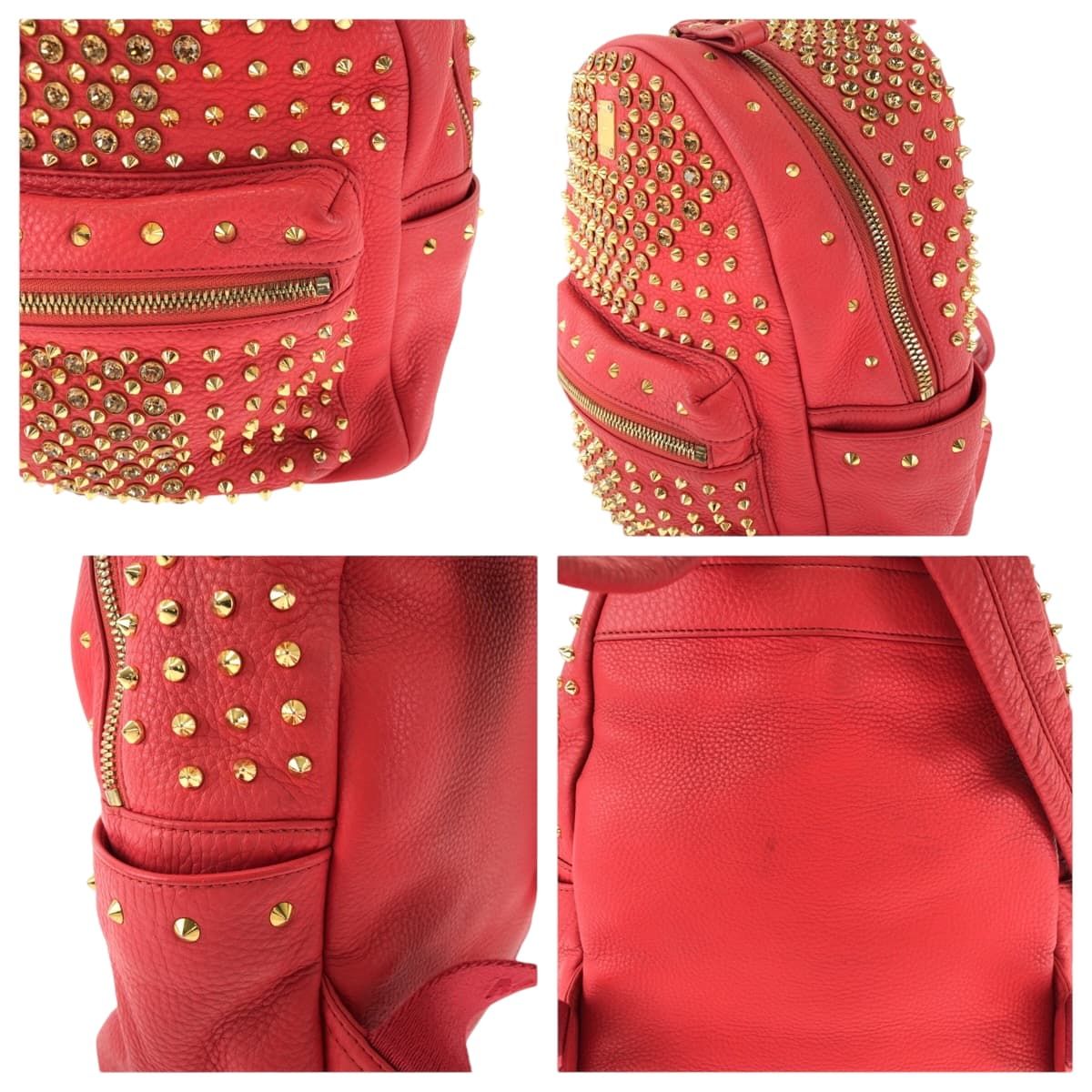 美品 MCM エム シー エム スタッズ レッド ゴールド金具 レザー