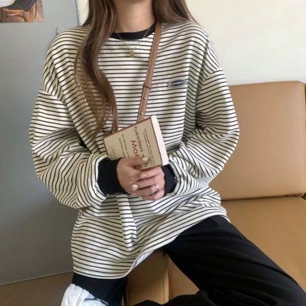 韓国 ボーダー 長袖 ゆるかわ トップス オルチャン アイボリー - メルカリ