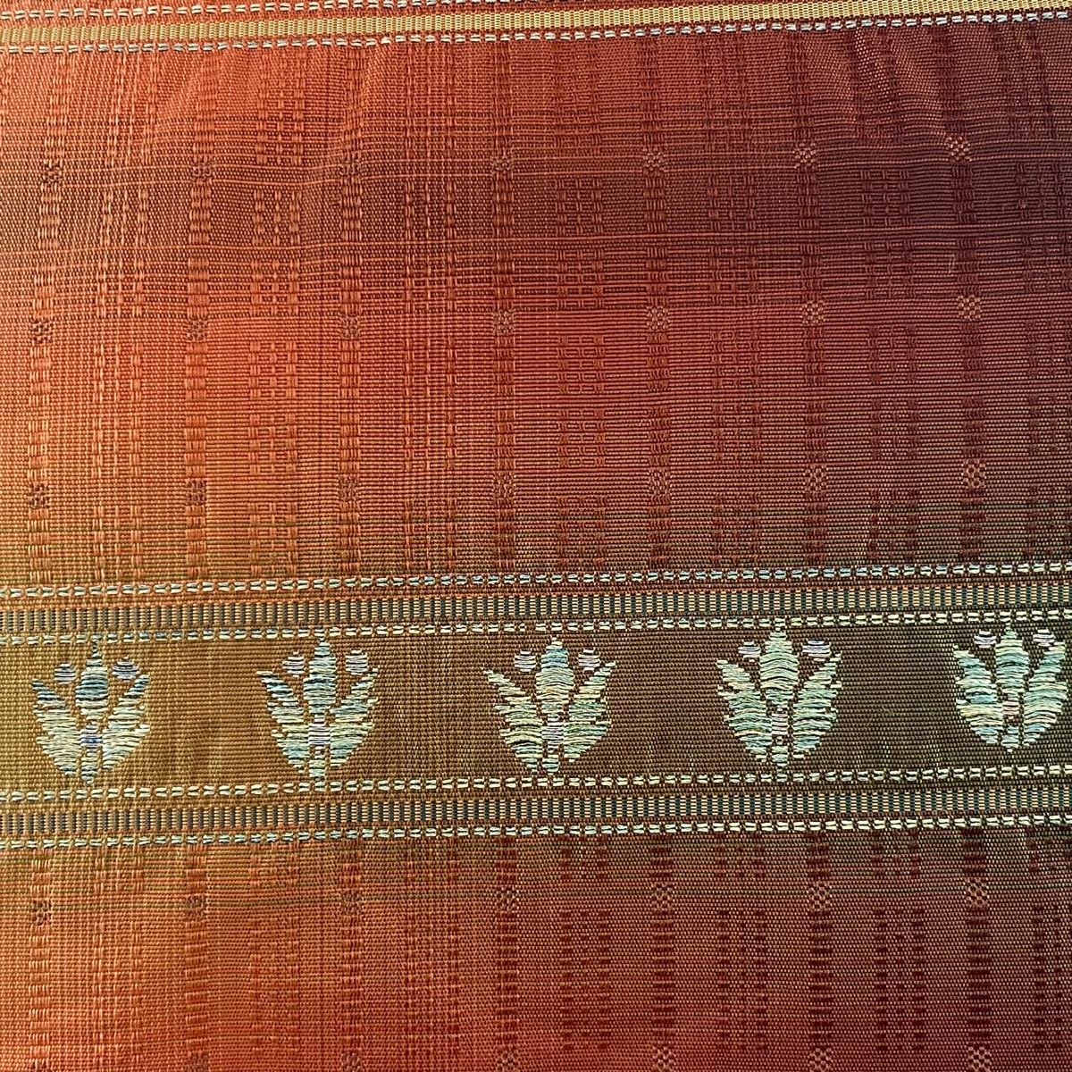 袋帯 秀品 草花 横段 銀糸 赤茶 六通 正絹