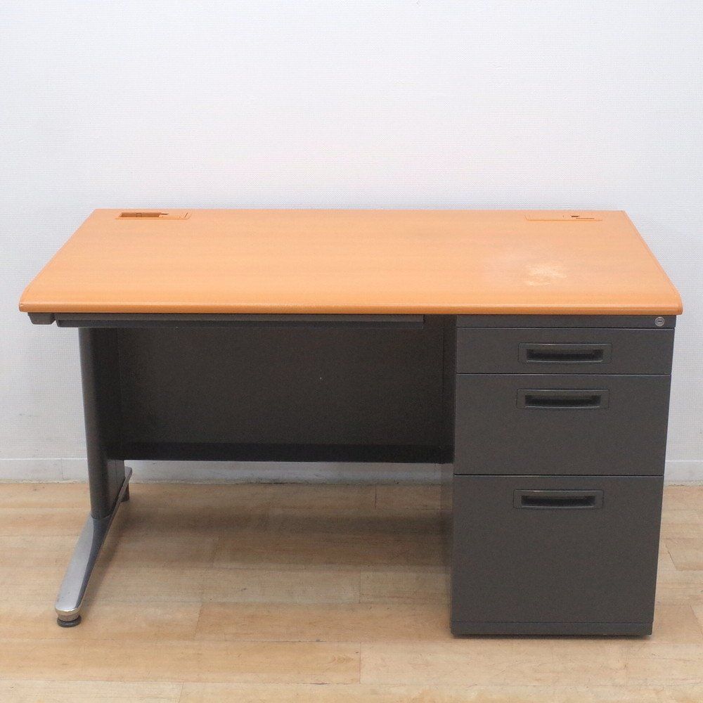 片袖デスク W1200 D700 ブラウン グレー 木目 事務机 オフィスデスク インダストリアル調 片袖机 配線口 L字脚 EG17889 オフィス家具