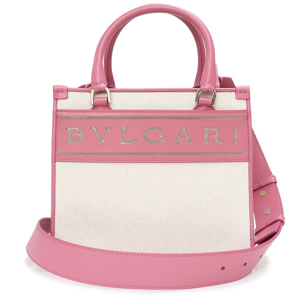 （未使用　展示品）ブルガリ BVLGARI ロゴ トート 2way ショルダー ハンドバッグ 斜め掛け キャンバス カーフスキン レザー ピンク ゴールド金具 291122 ブルガリ ロゴ トート 2way ショルダー ハンドバッグ 斜め掛け