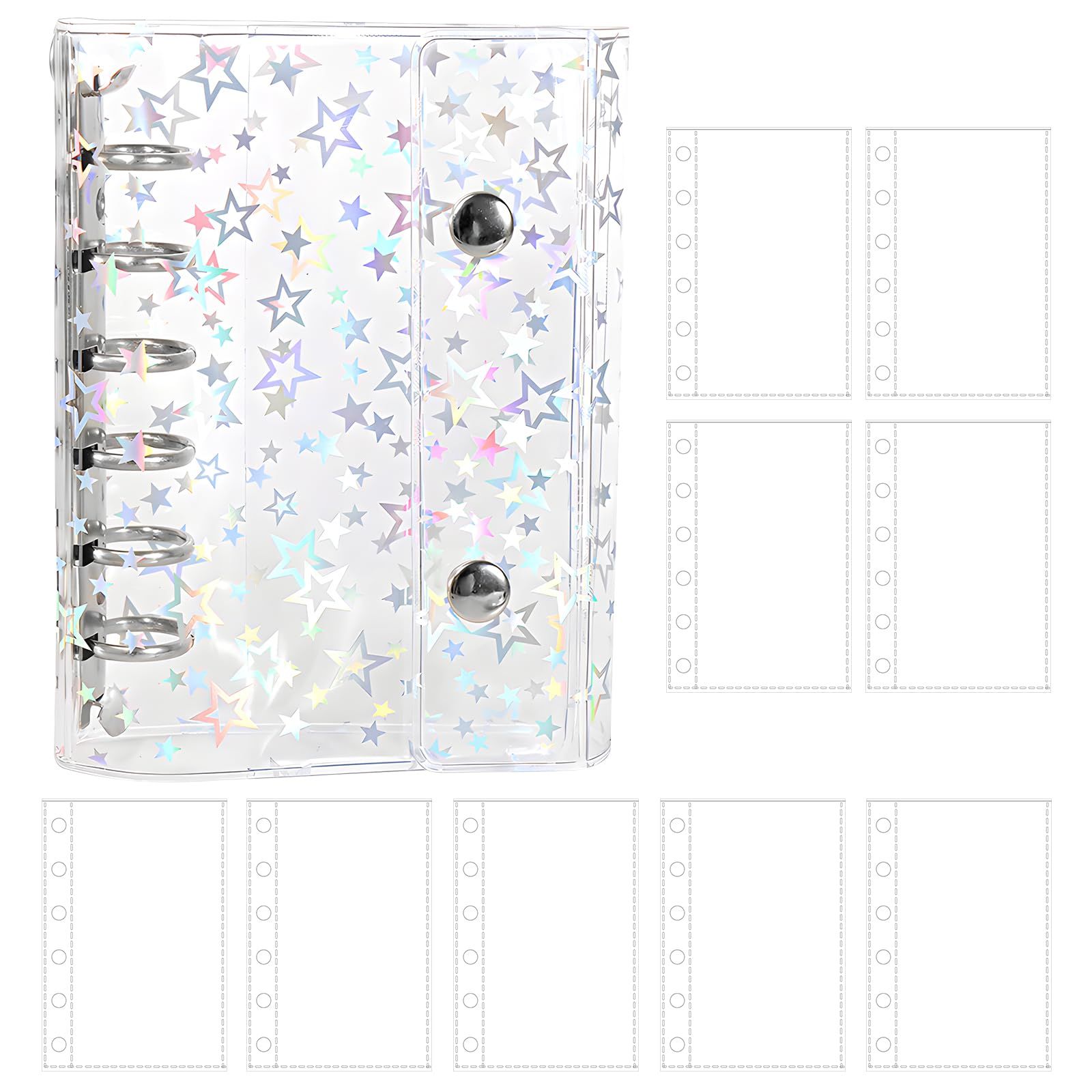 シール帳 透明 A 7 透明シール帳バインダー クリアバインダー 5 穴リング式 リフィル付き はがせる シンプル おしゃれ 防水素材 増減自由 シール整理効率 UP ホログラム星柄入り