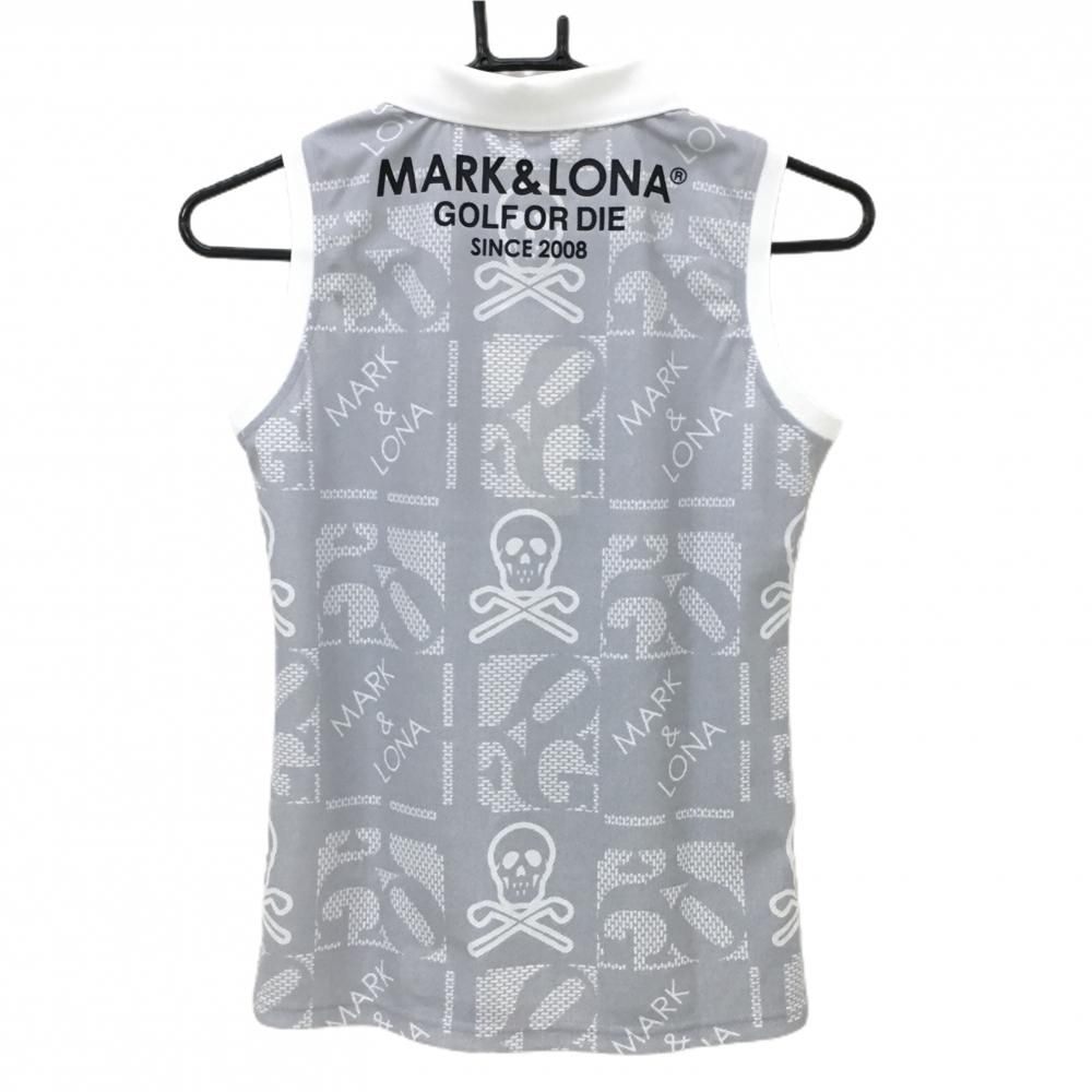 価格 マークアンドロナ ノースリーブポロシャツ ライトグレー×白 総柄 スカル レディース 36 S ゴルフウェア モデル MARK＆LONA
