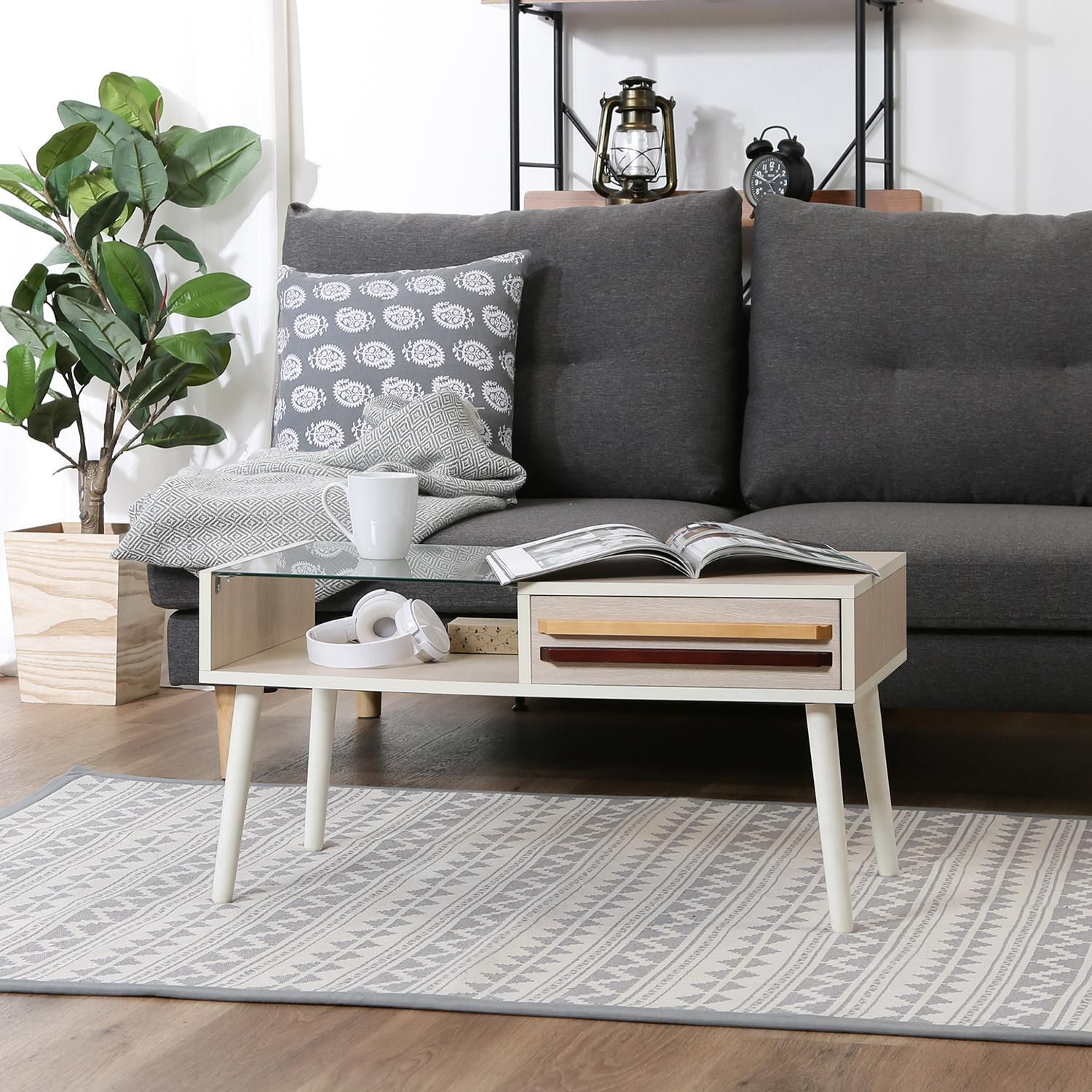 ガラス天板 脚付 センターテーブル ホワイトウォッシュ 幅80cm リビングテーブル ローテーブル おしゃれ 1人暮らし