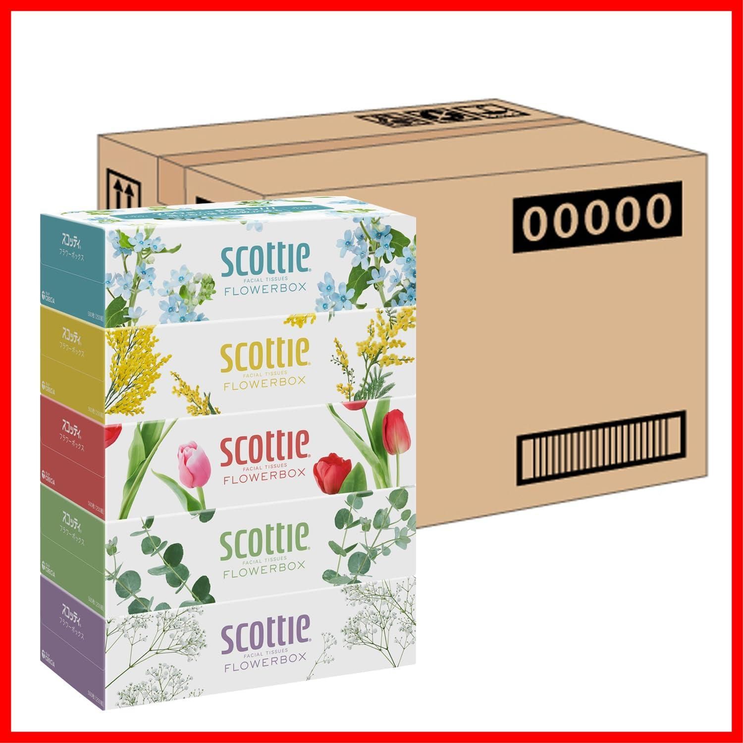 ケース販売 スコッティ フラワーボックス 長持ちティシュー 500枚 250組 5箱 ×12入り