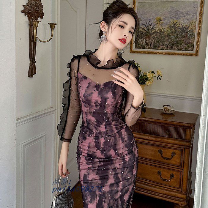 シースルーレース刺繍 ハイウエスト長袖膝丈タイトドレスワンピース 紫 キャバ スナック セクシー ドレス 韓国 レディース pai5a098271 WWW_MORNINGWALKER_COM