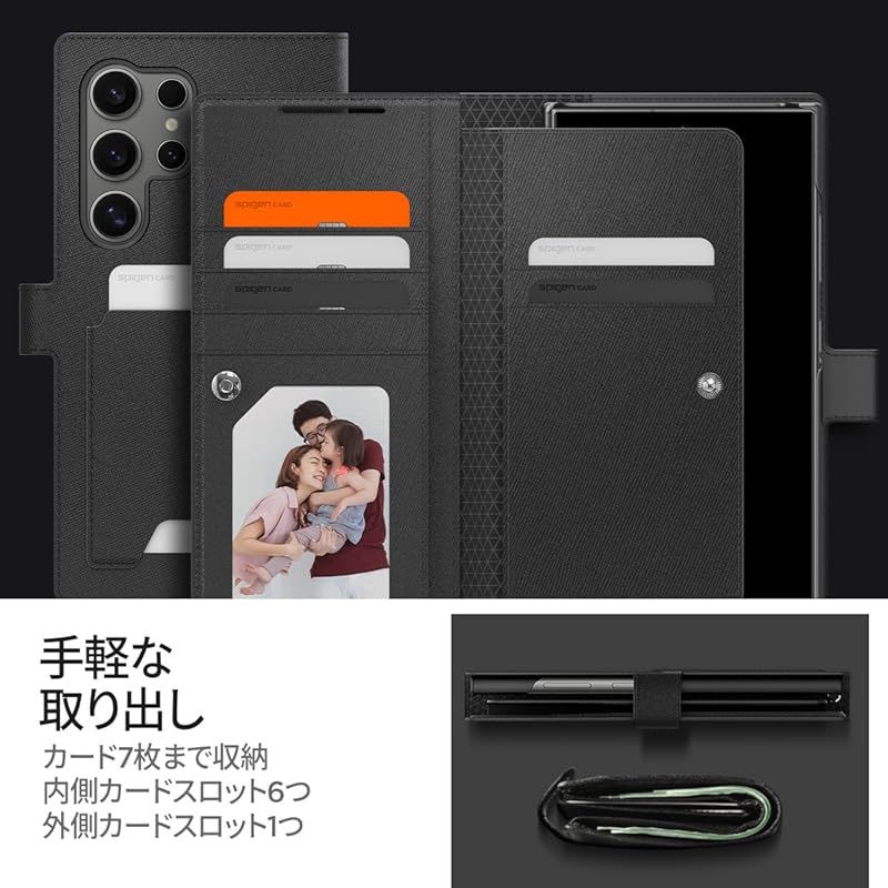 Spigen Galaxy S24 Ultra ケース 手帳型 PUレザー カード 7枚 収納 ストラップ付き 軽量 薄型 SC-52E | SCG26 ワイヤレス充電対応 カード収納 スタンド機能 ウォレットS Plus ACS07308 (ブラック) 1