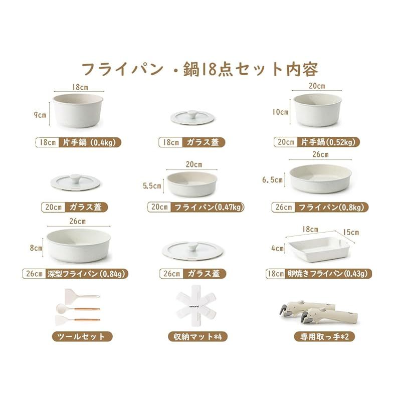 SENSARTE フライパン セット IH対応 ガス火対応 鍋セット 18点 取っ手のとれる 軽量 こびりつきにくい 鍋セット 卵焼き器 手入れ簡単 ホワイト 一年 0