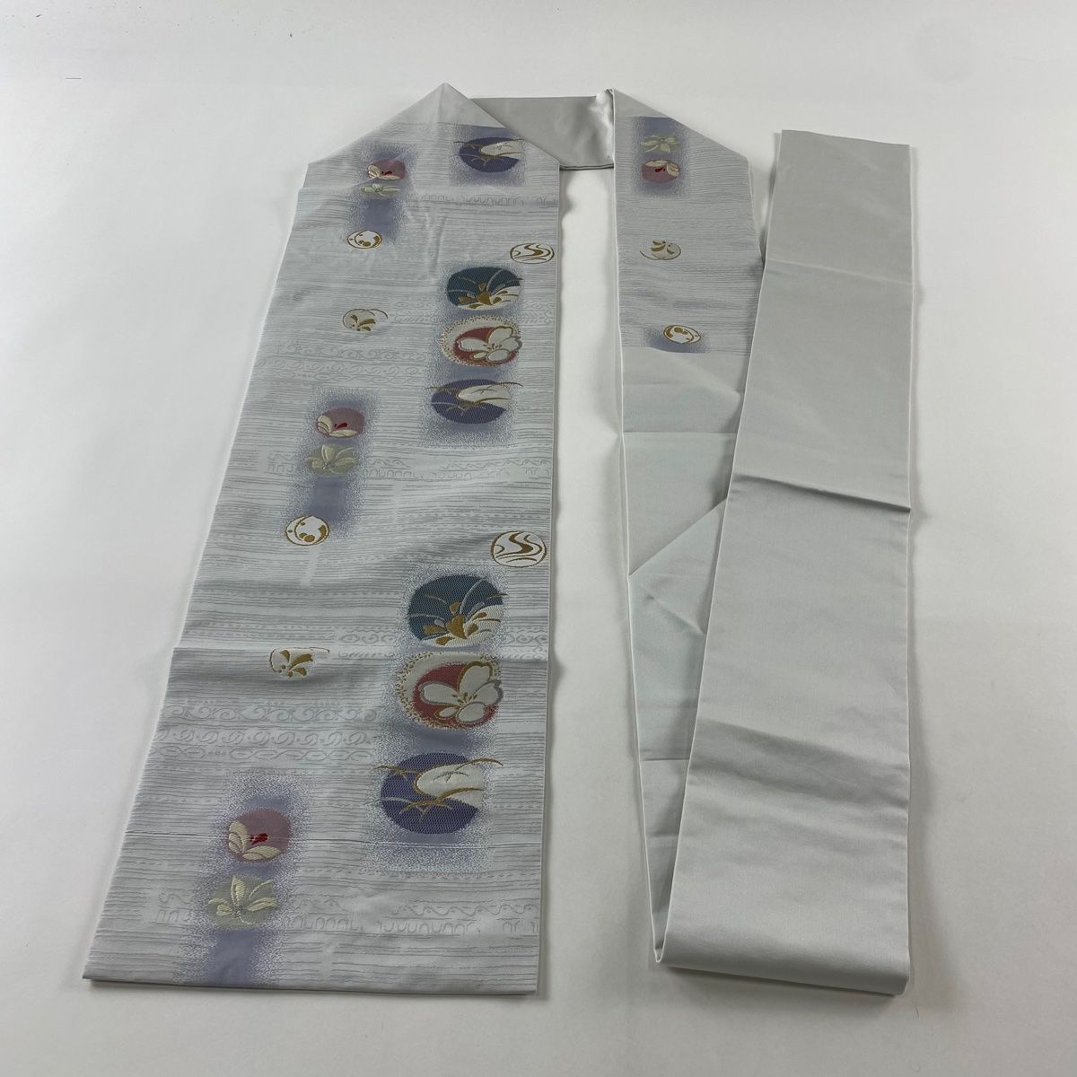 名古屋帯 美品 秀品 桜 流水 金銀糸 青灰色 正絹 【中古