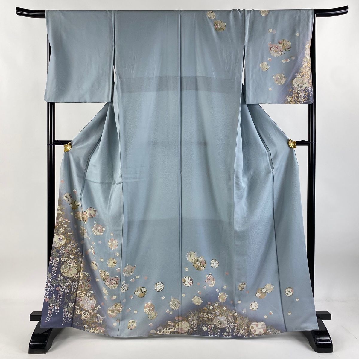 訪問着 身丈165.5cm 裄丈67cm M 袷 花丸文 雲文 金糸 金彩 青灰色 正絹 秀品 中古 付下げ 身丈165.5cm 裄丈67cm M 袷 花丸文 銀通し ぼかし 緑