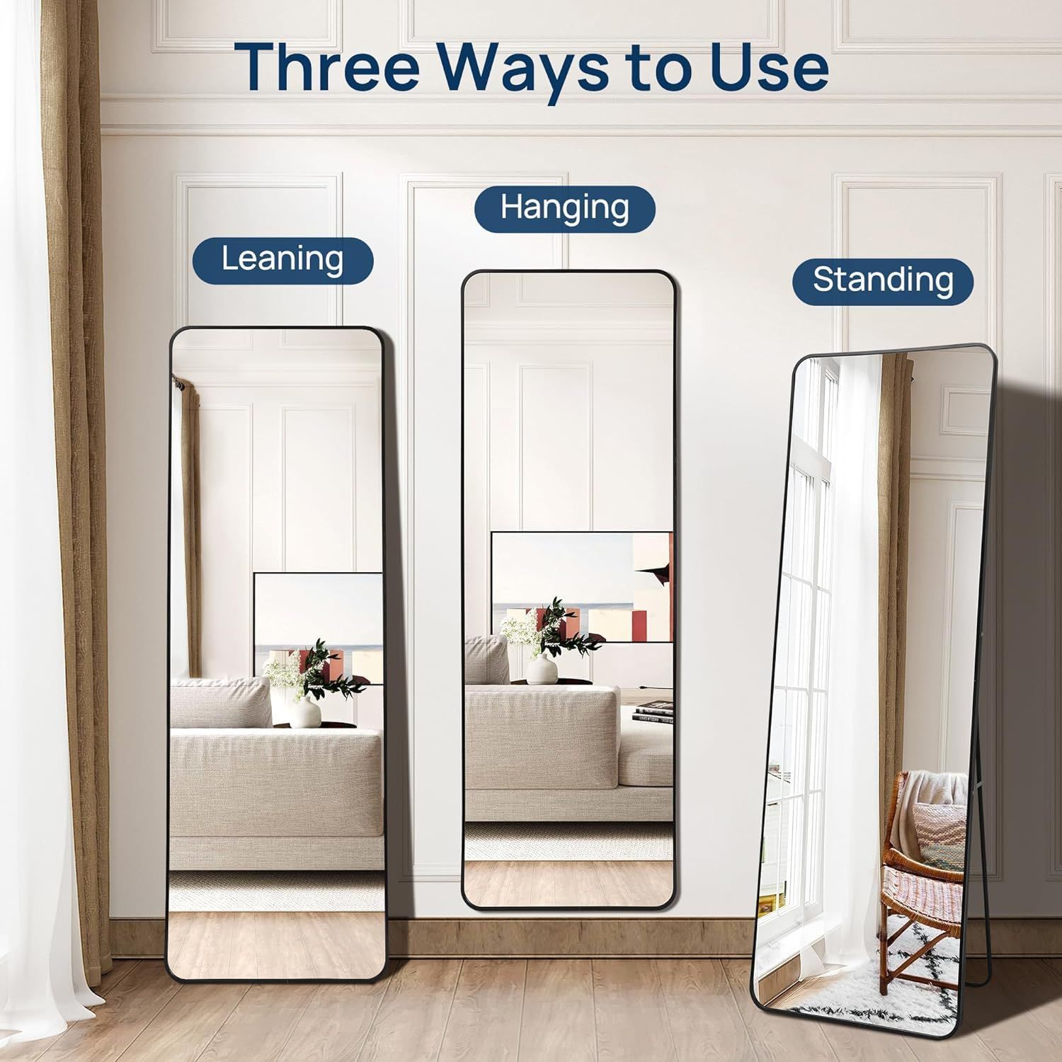 北欧 全身鏡 150CM 40CM 角丸デザイン アルミフレーム 全身ミラー 姿見鏡 かがみ スタンドミラー 壁掛け可 大型 鏡 大きい おしゃれ 玄関 二サイズ 定番の黒です 40CMX150CM