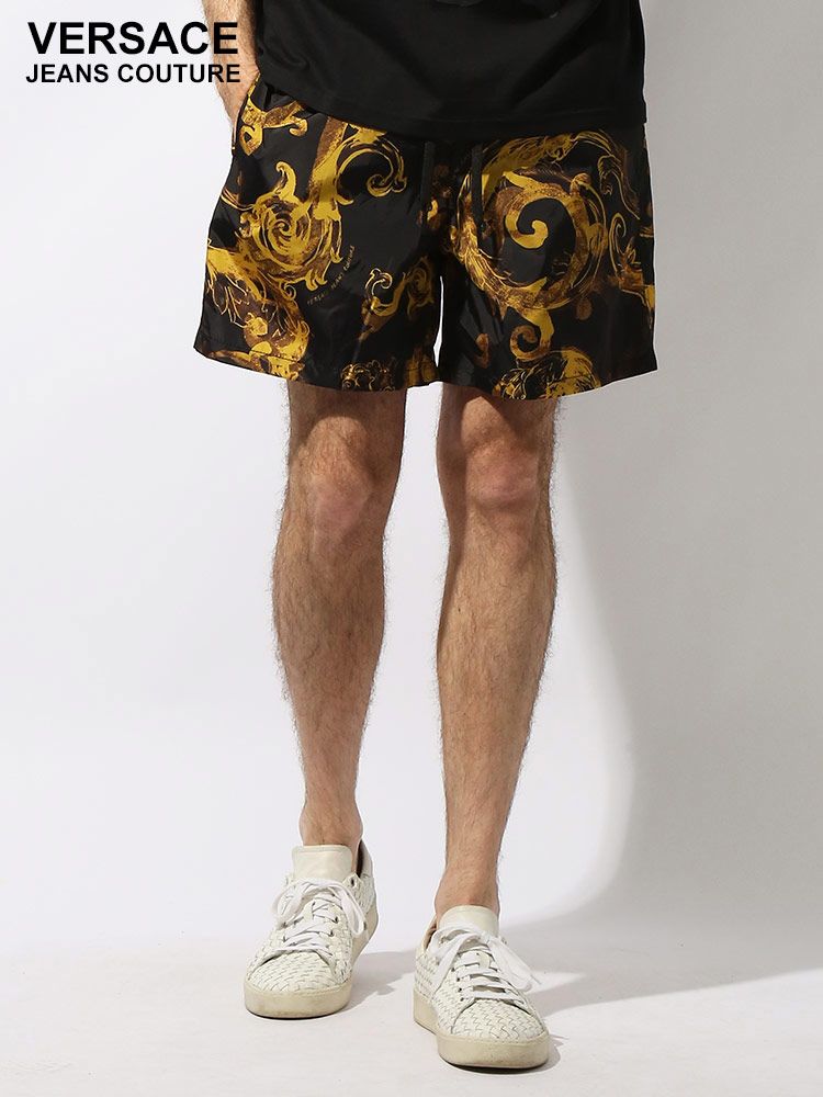 VERSACE JEANS COUTURE (ヴェルサーチェ ジーンズ クチュール) ウォーターカラー ウエストコード 前閉じ ショートパンツ (ブラック)