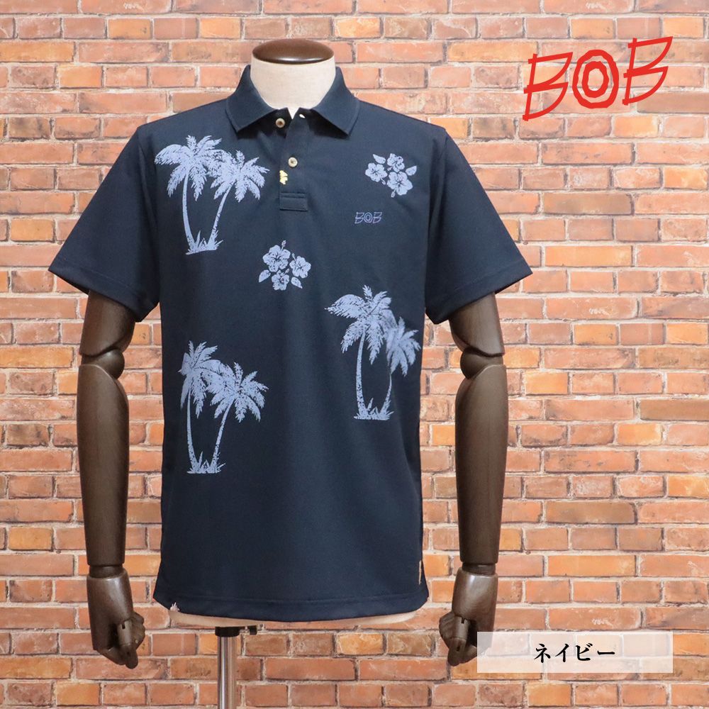 春夏|BOB|XLサイズ|半袖ポロシャツ 074833007 パームツリー ヤシの木 ハイビスカス プリント メンズ 紳士 ボブ |紺|ネイビー|ka146|