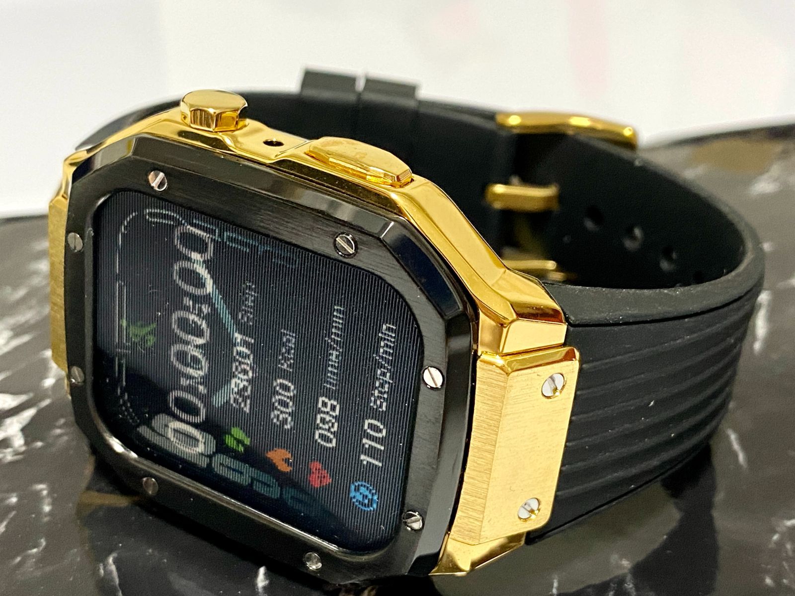 ブラックゴールド　Apple Watchラバーバンドカバーメタルケースアップルウォッチカスタム ホールバックルタイプ