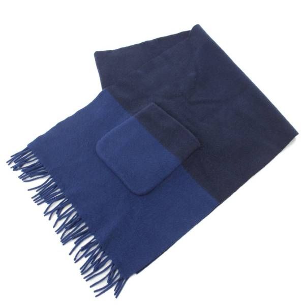 極美品◎HERMES エルメス H259096S カシミヤ100％ シルク アリュメット・ポケット バイカラー マフラー ネイビー ブルー 伊製 エルメス 22AW カシミヤ ストール アリュメット・ポケット マフラー