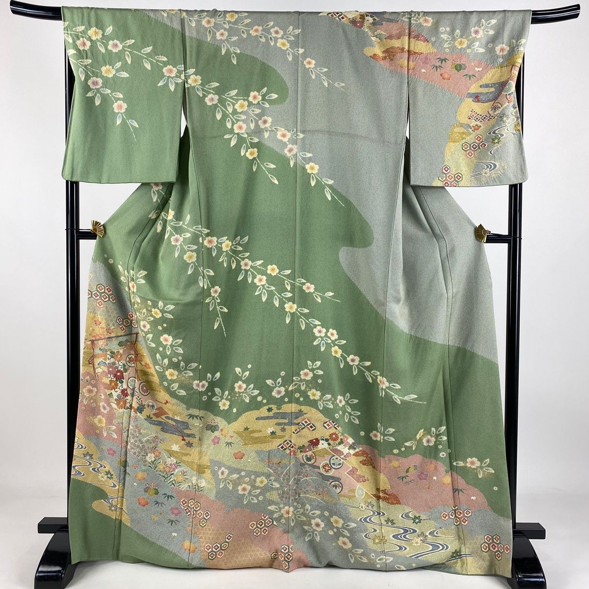 訪問着 身丈169cm 裄丈70cm L 袷 几帳 草花 金糸 金彩 薄緑 正絹 美品