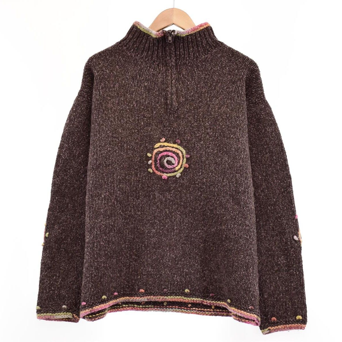 古着 80年代 PACHAMAMA 総柄 HAND KNIT ハンドニット ハーフジップ 