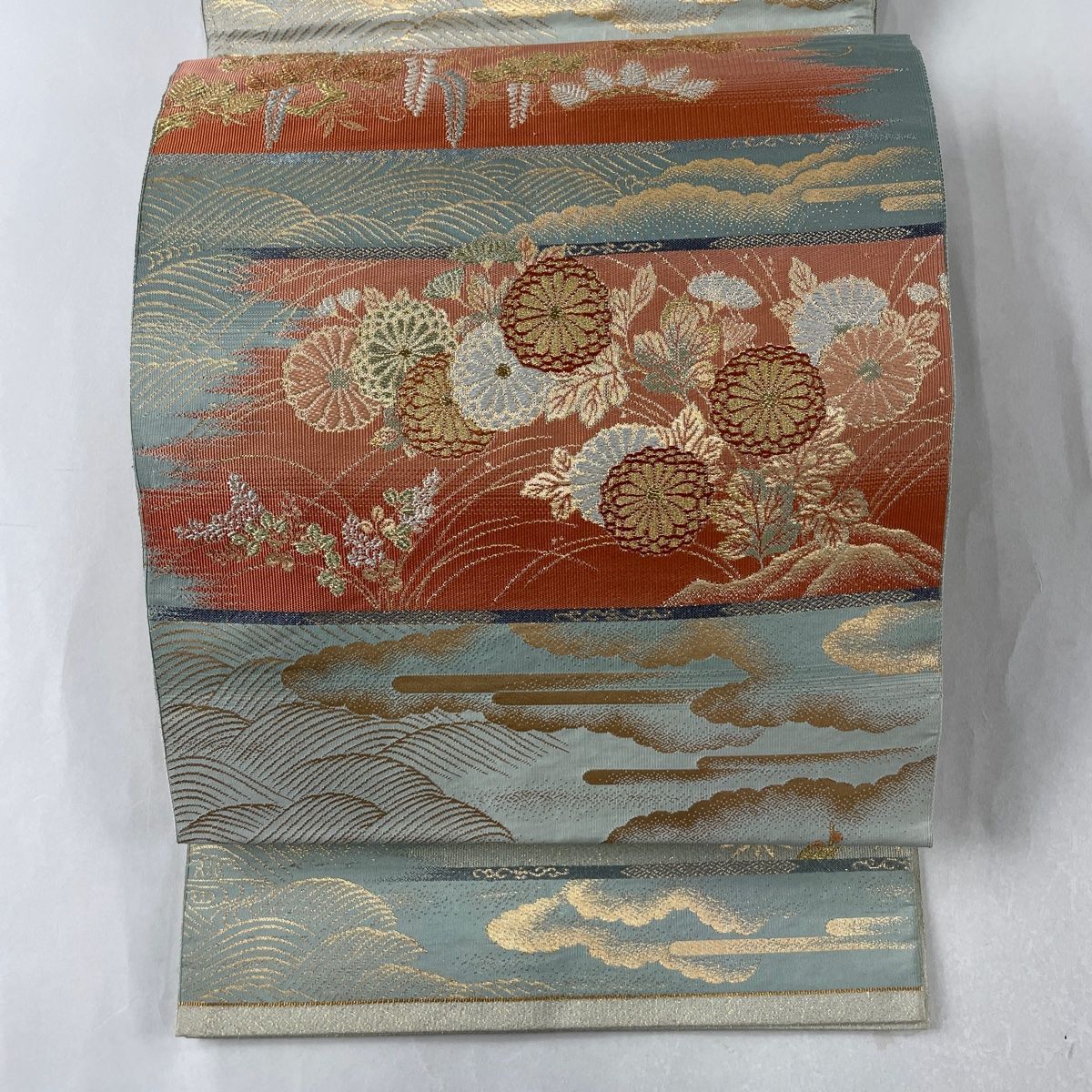 袋帯 美品 秀品 菊 雲文 金銀糸 箔 薄緑 六通 正絹 【中古 