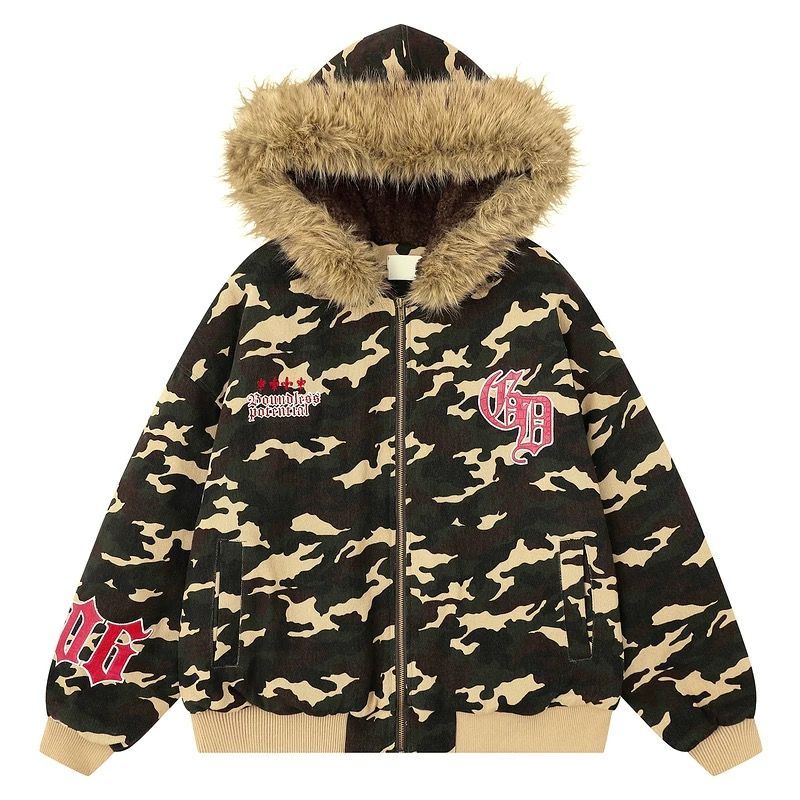 ♥ h アメリカンヒップホップ風 ザサンドウ モチーフ 迷彩 フード付き中綿ジャケット｜ユニセックス 厚手 冬用 アウター