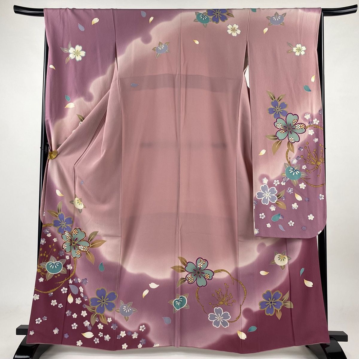 振袖 身丈164cm 裄丈66cm M 袷 鈴乃屋 桜 橘 金糸 染め分け ピンク 正絹 名品