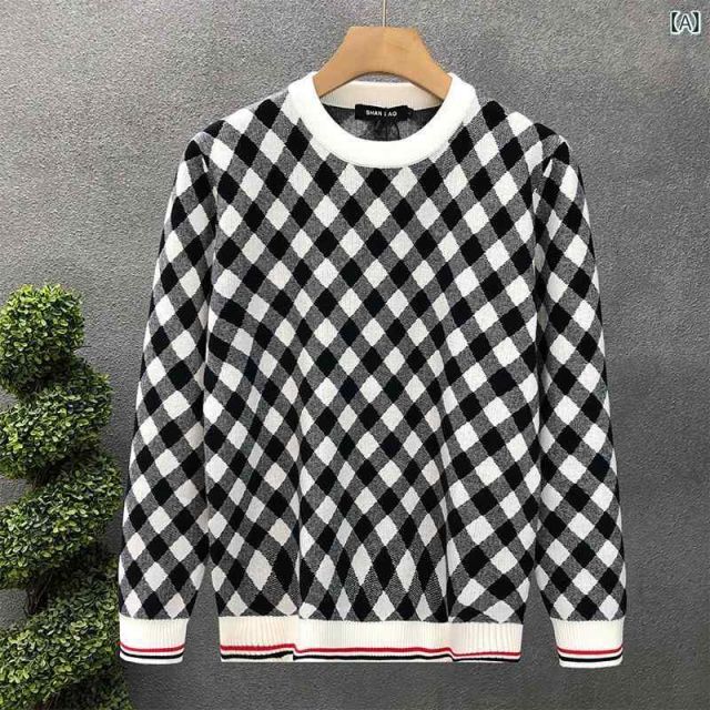 高感度な M 秋冬 コーデ メンズ 服 シンプル ファッション オシャレ 大人 かっこいい 大きいサイズ ストリート 紳士服 チェック柄 セーター ラウンドネック 暖かい インナー トップス