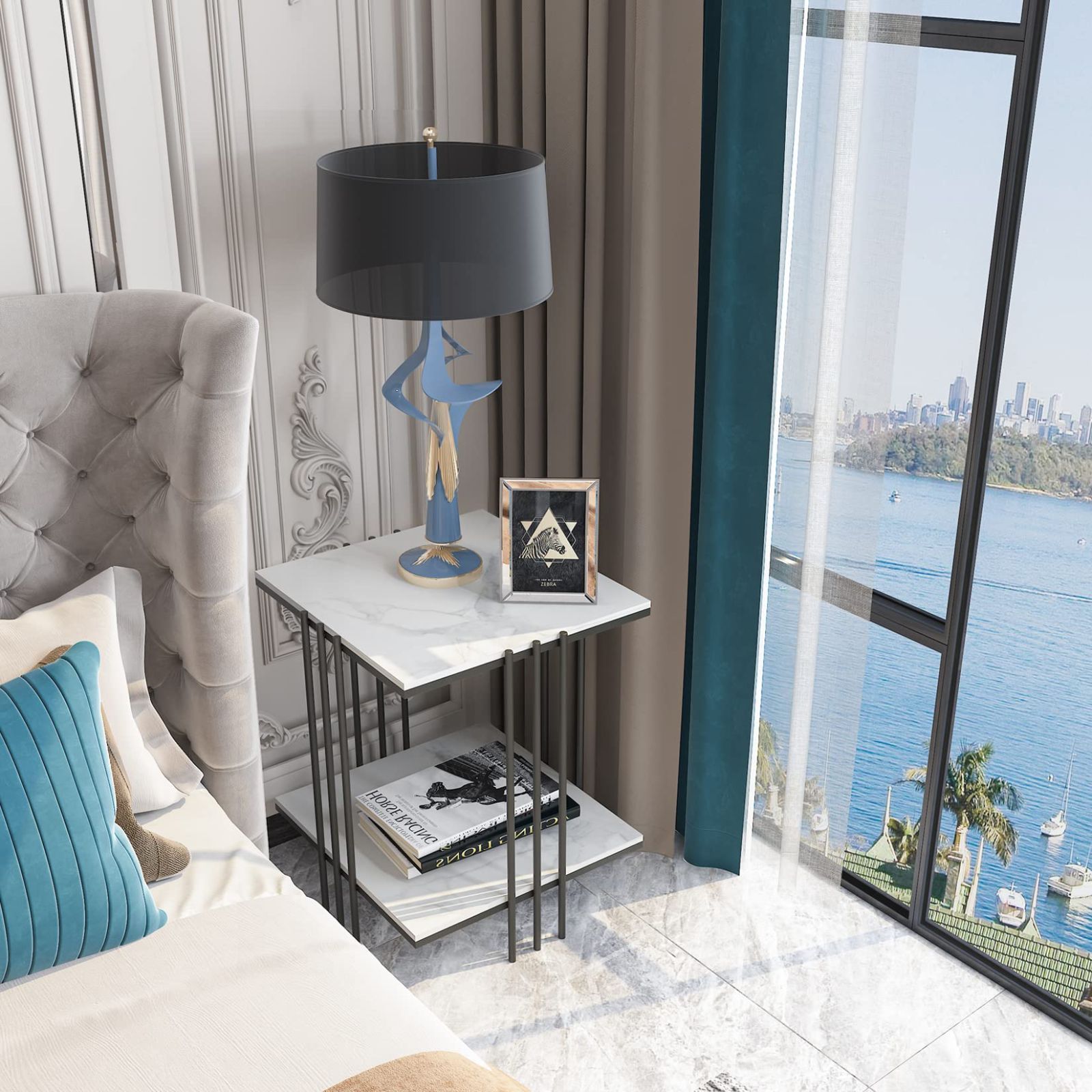 在庫 ナイトテーブル ベッドサイドテーブル 大理石調 石材天板 サイドテーブル ソファ横 コーヒーテーブル 白 棚付き UNHO ソファテーブル おしゃれ 幅45×奥行45×高さ55cm MARWIL-DEMENAGEMENTS_CH