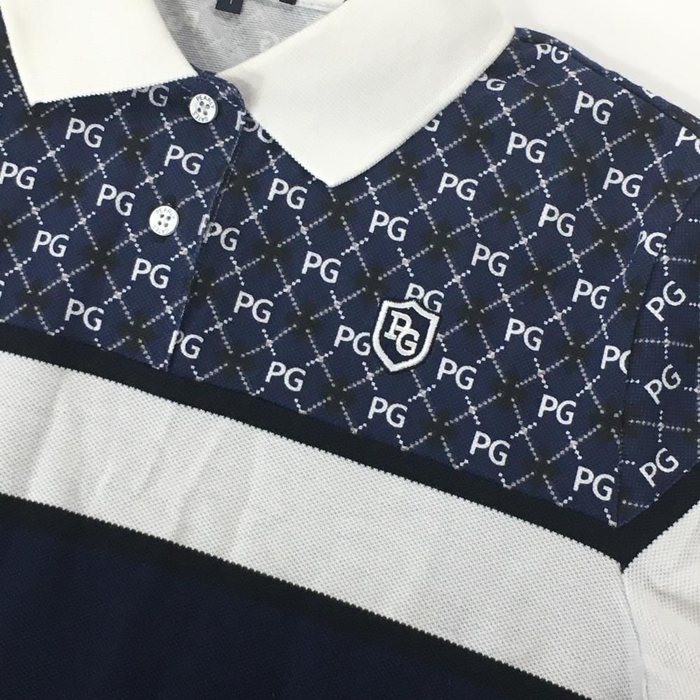 美品】パーリーゲイツ 半袖ポロシャツ ネイビー×ベージュ 胸元ライン