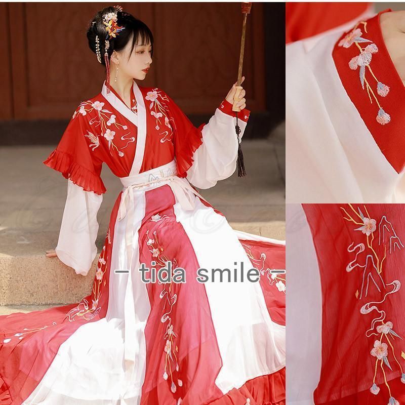 唐装漢服 レディース 中華服 チャイナドレス トップス＋スカート+リボン 鶴柄 リボン付き ポケット付き レトロ風 コスプレ衣装 日常着 おしゃれ 送料無料 唐装漢服 レディース 中華服 チャイナドレス トップス＋スカート