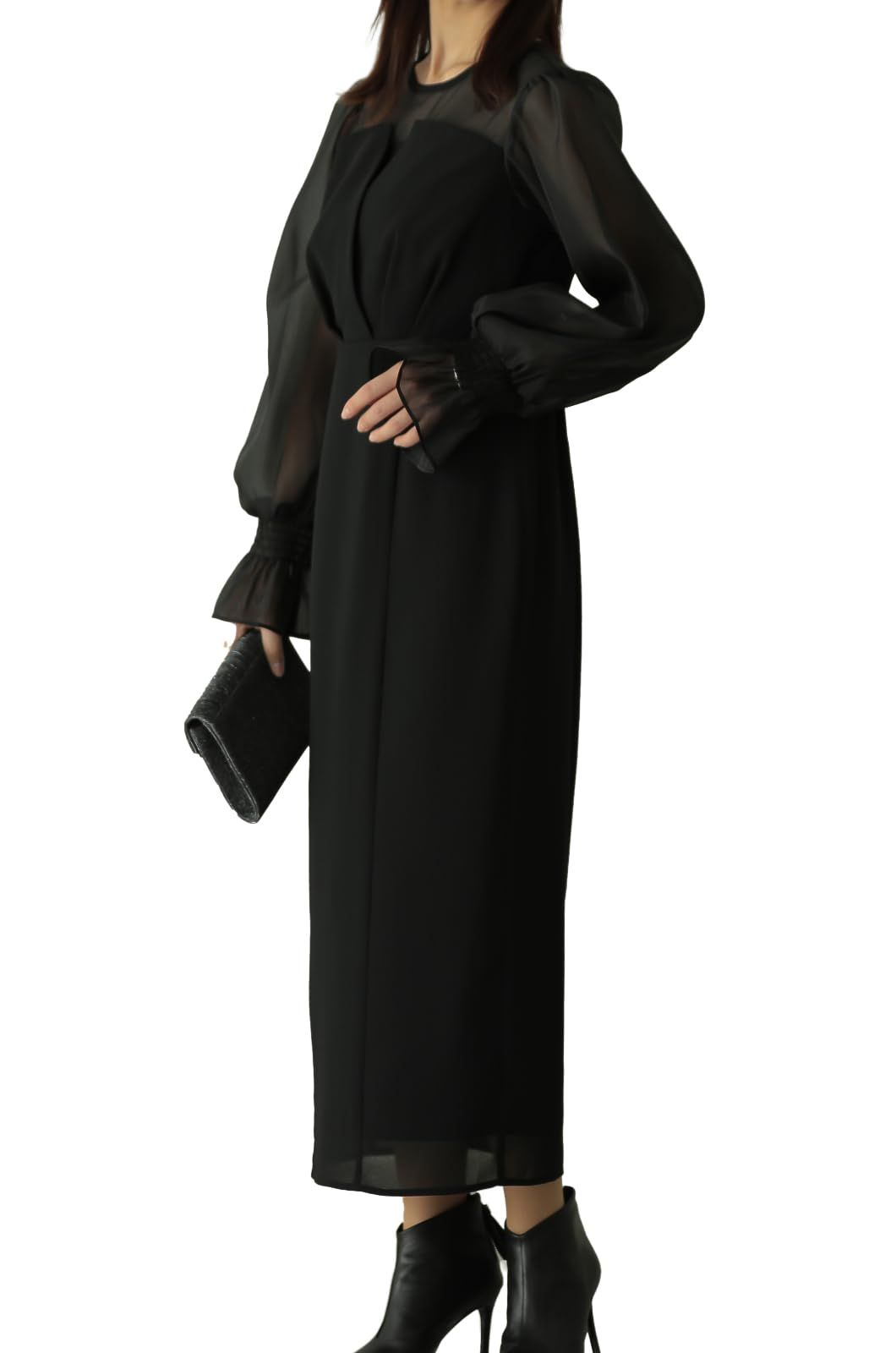 MORE AUNI パーティー ドレス シフォン ポエット スリーブ ロング ワンピース ドレス お呼ばれ 結婚式 2次会 春 夏 服 秋 冬 大人 オトナ キレイメ カワイイ 可愛い シフォン ブラック ホルター ネック ワンピ 黒 フ バック リボ