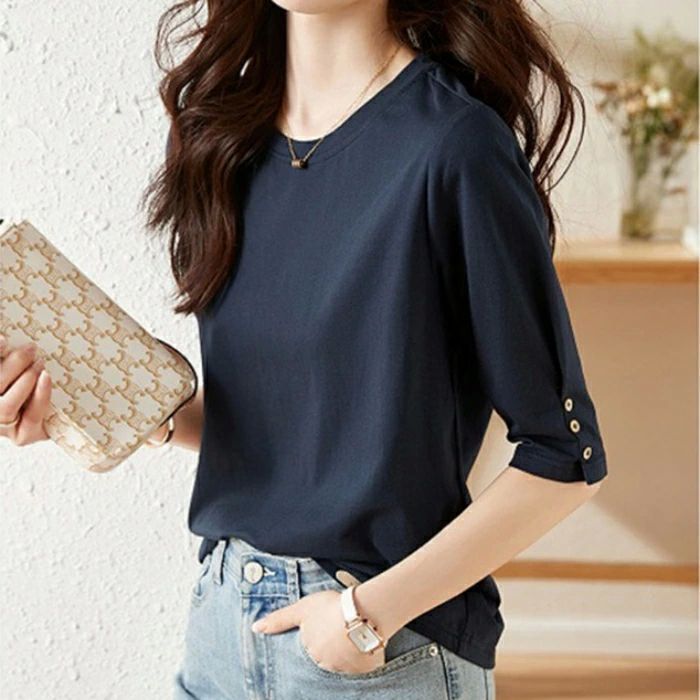 トップス カットソー インナー Tシャツ クルーネック エレガント レディース 大人 きれいめ カジュアル フェミニン 五分袖 シンプル ベーシック 半袖 体 zzr0313655c5d9
