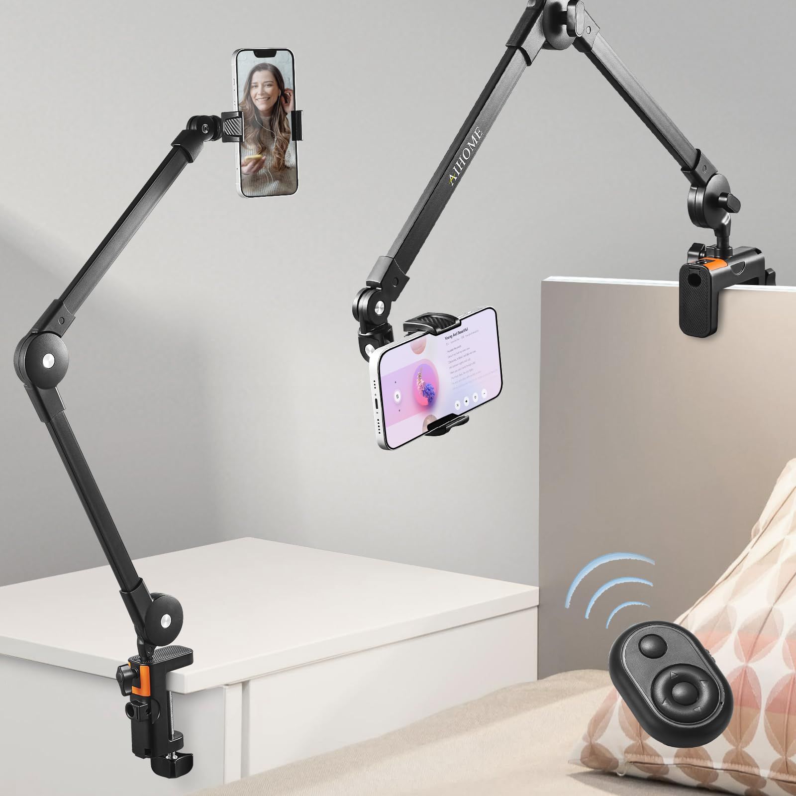 【迅速発送】卓上 俯瞰撮影 ベッド フレキシブル スマホホルダー 360回転 携帯スタンド 寝ながら 土台強化iPhone/Android対応 アーム スマートフォン用Bluetoothリモコンシャッター付き スマホスタ