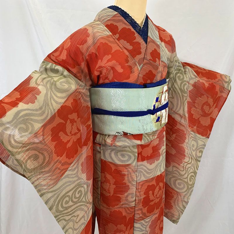 華です❣️【着物と帯 時流】A241003◇アンティーク着物◇銘仙 508aa3◇アンティーク着物 銘仙 ハート 亀甲 レトロモダン 大正