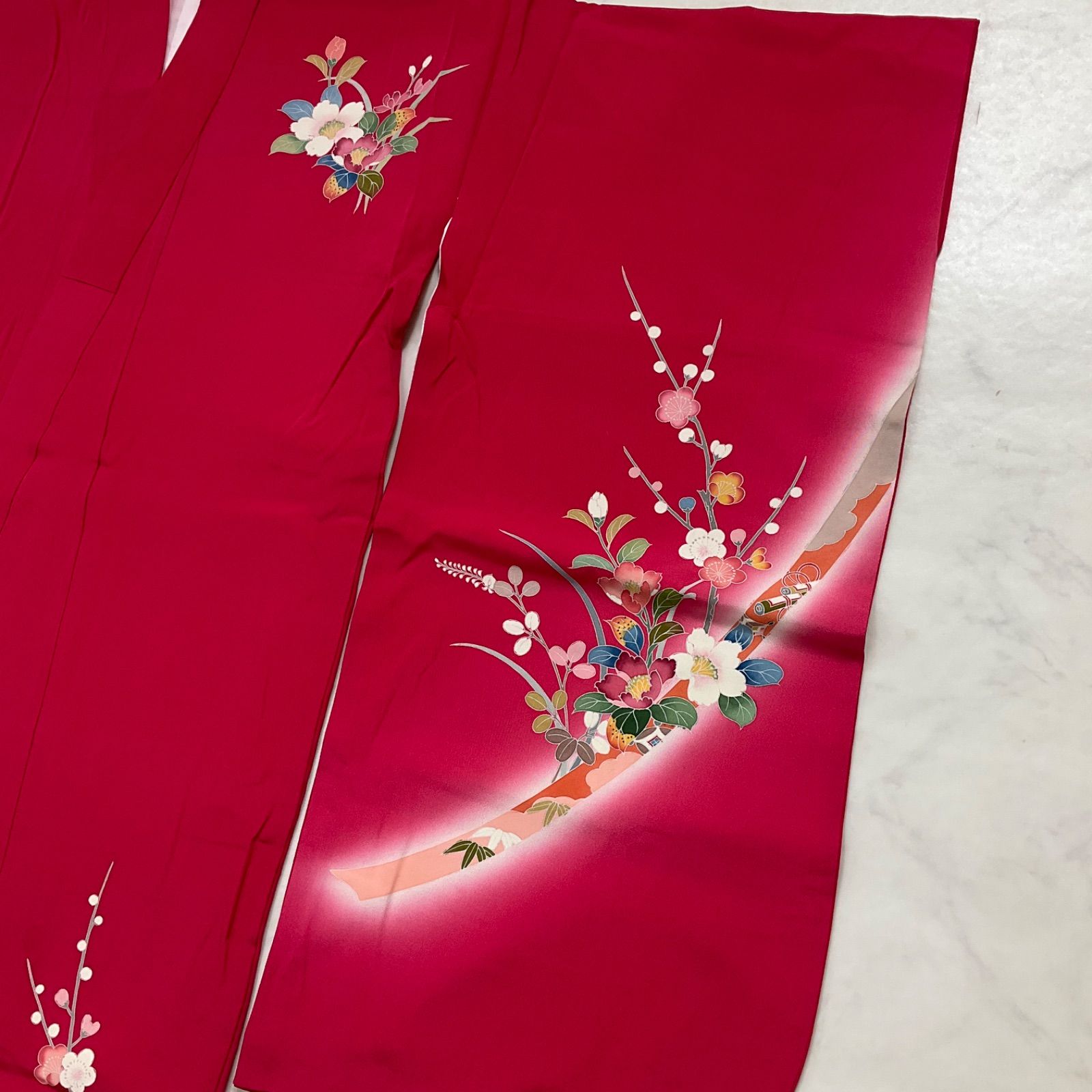 one◆♥同然◆7歳くらい用◆女の子着物◆手描き友禅◆正絹◆子供着物◆七五三◆袷◆裄58㎝肩丈121㎝◆七五三お詣り女の子着物こどものひお正月卒業式十三詣り◆G317