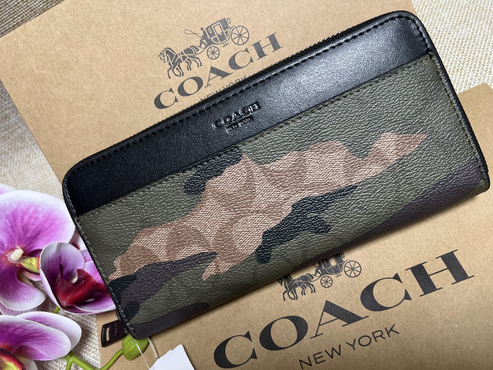 お買い物マラソン限定☆ COACH 長財布 マホガニー×ダークグリーン