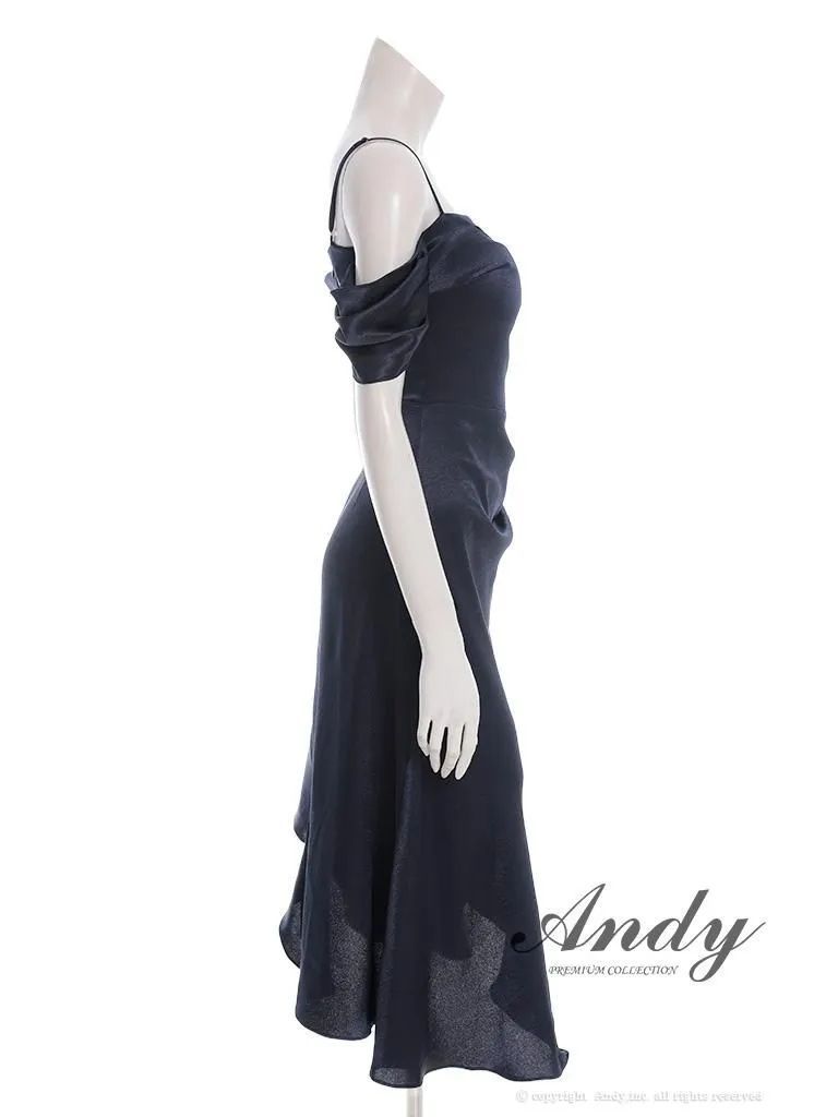 ネイビーS OF05 ON2984-BE-2509 ANDY|アンディ フロントジップ| ストレッチサテン| オフショル| キャミソール| シンプル| ワンカラー| アシンメトリー| フリル| フ | ミディアムドレス| キャバドレス