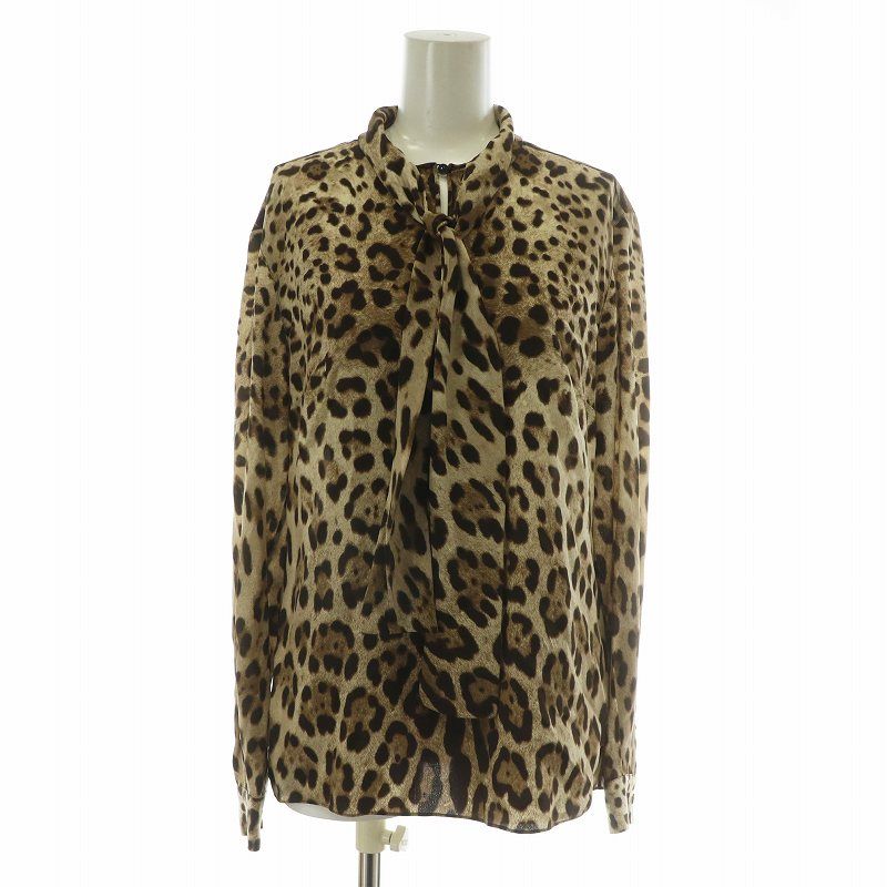 D&G シルク ヒョウ柄 半袖 ボータイブラウス