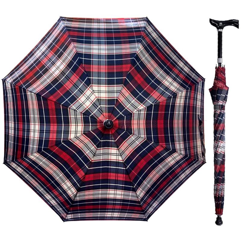 杖傘 F-SEASONS 高さ調整 ステッキ傘 チェック柄 長さ調整式 ステッキ 傘 一脚杖 晴雨兼用 UVカット 長傘 祖父母 プレゼント 杖 自動開 ワンタッチ 散歩 ハイキング 旅行 行列 運動会 シニア レッドチェック 1