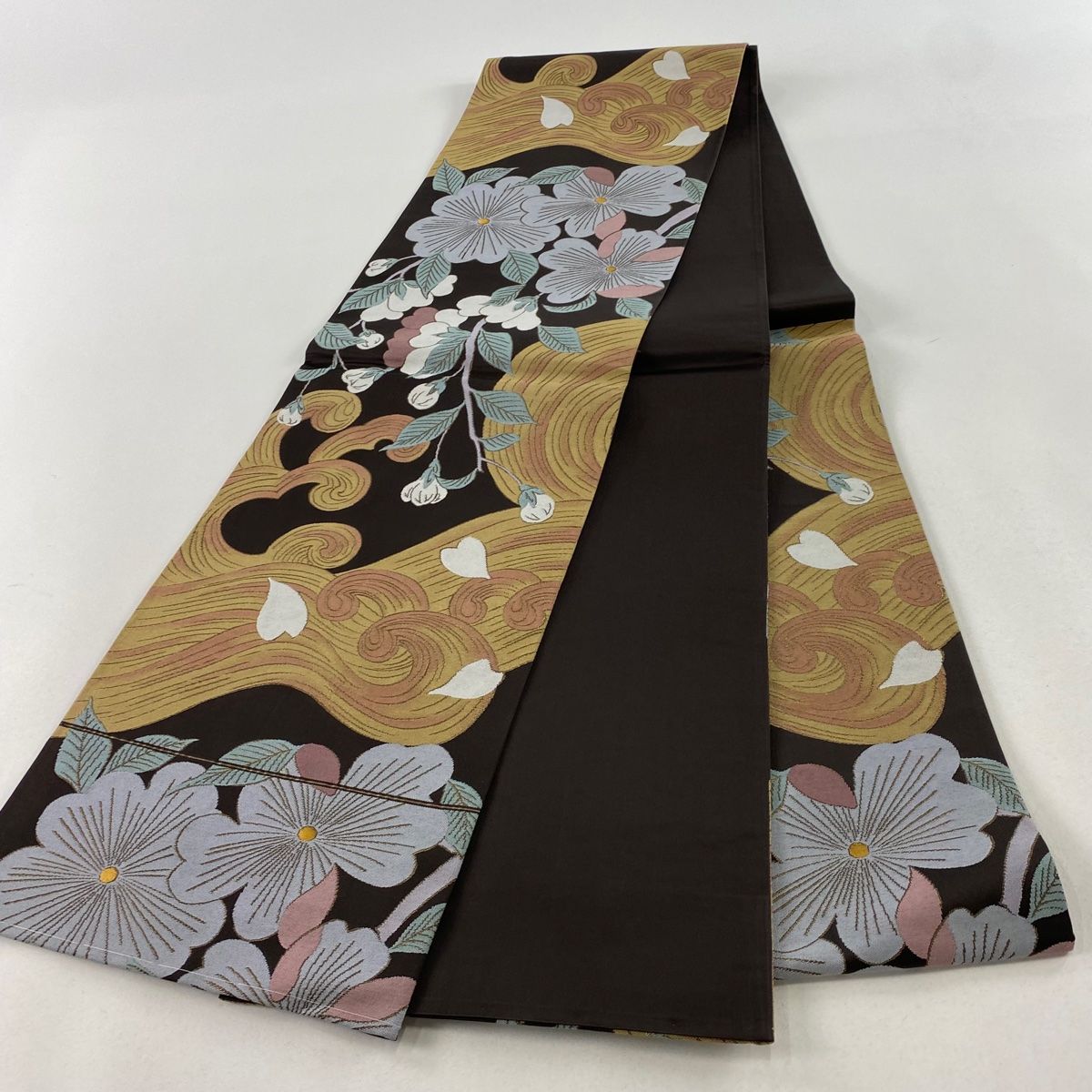 中古美品 唐織袋帯 御所車に草花模様 刺繍 色彩豊か■N70805-4 袋帯 美品 秀品 草花 箔 茶色 六通 正絹 中古 袋帯 美品 秀