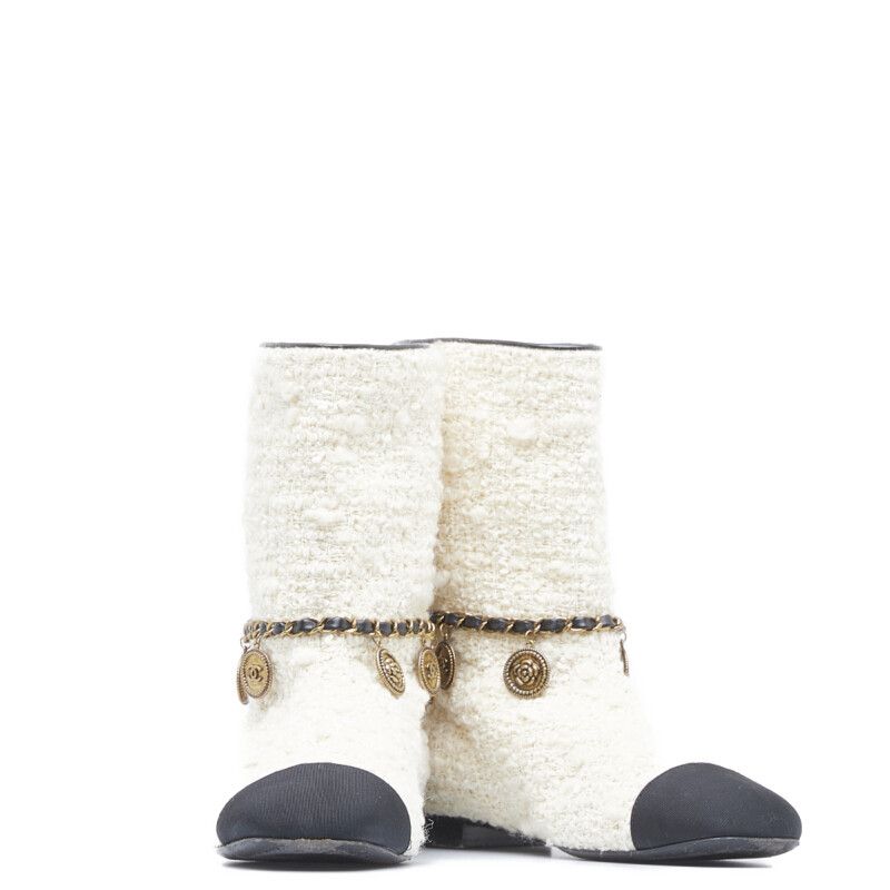 シャネル ツイード ココマーク カメリア チャーム ショートブーツ